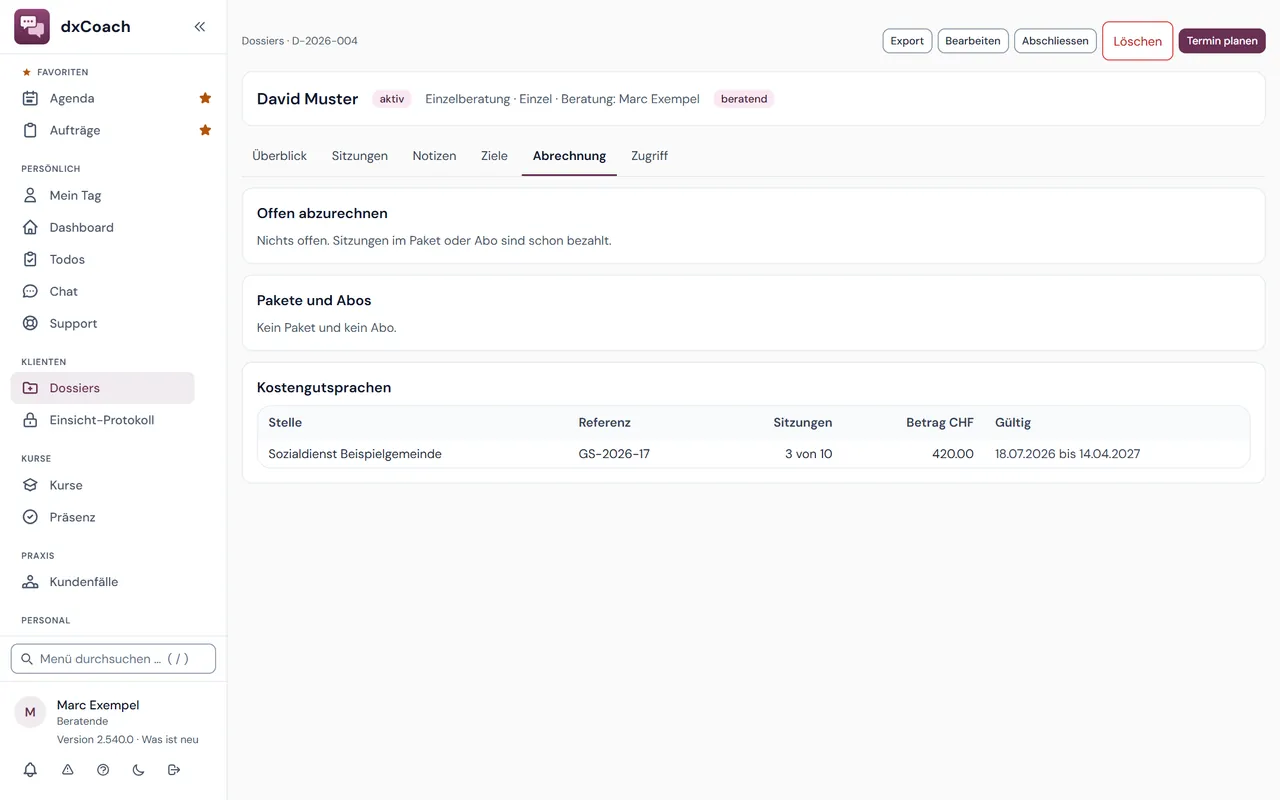 Abrechnung eines Dossiers in dxCoach: Kostengutsprache mit Referenz, Sitzungen und Gültigkeit