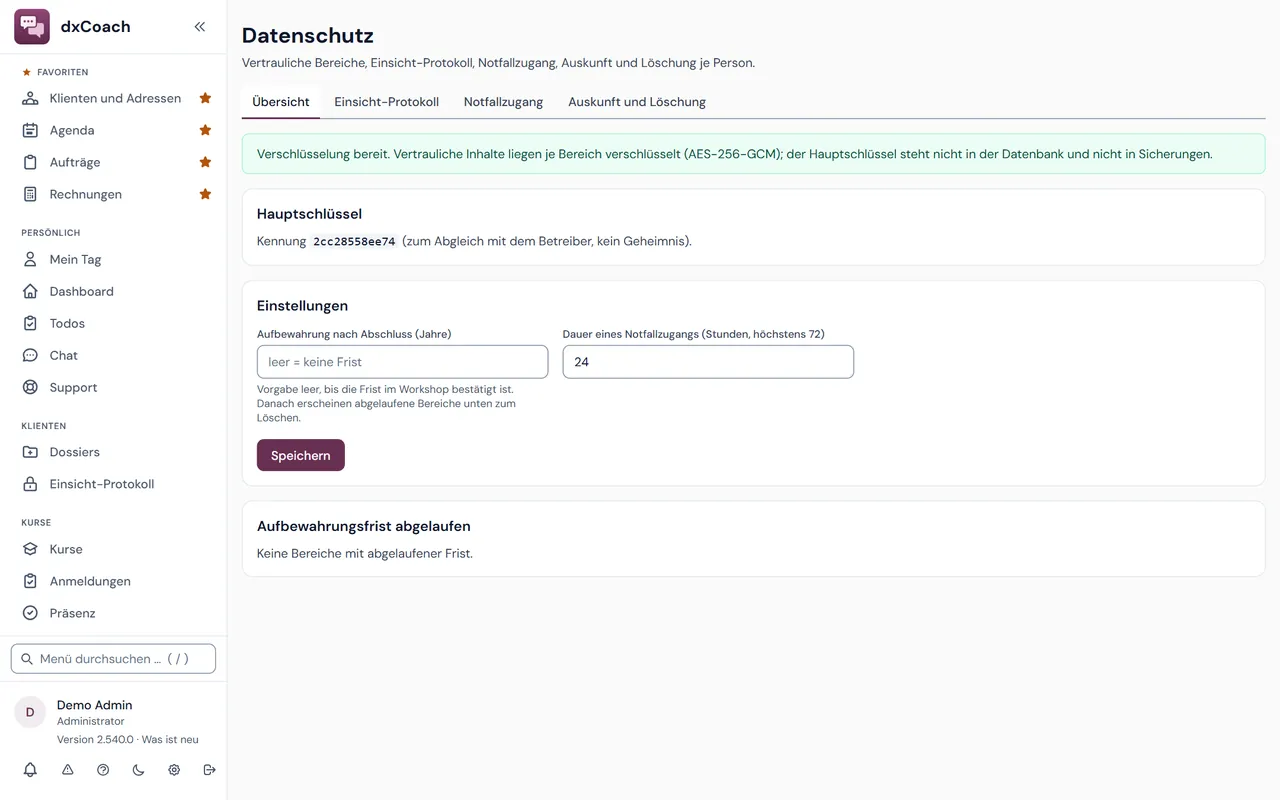 Datenschutz in dxCoach: Verschlüsselung je Bereich, Aufbewahrung und Notfallzugang