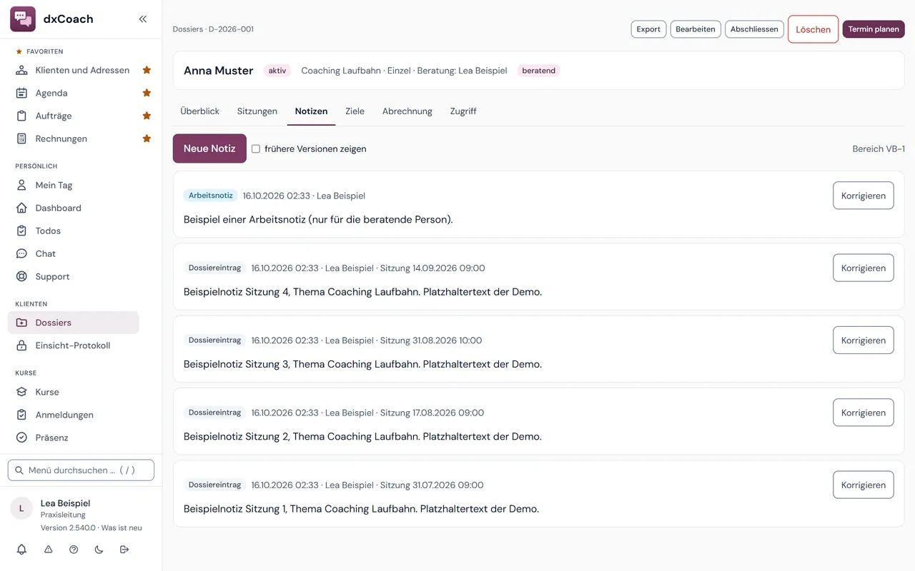 Klientendossier in dxCoach: verschlüsselte Notizen je Sitzung, Platzhaltertext der Demo