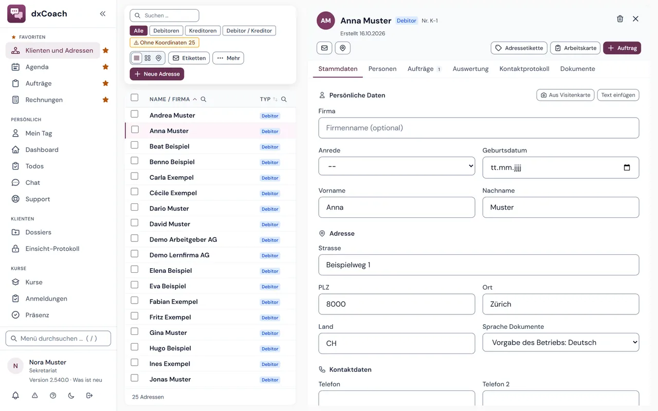 Klienten in dxCoach: Adresse mit Erfassung aus der Visitenkarte
