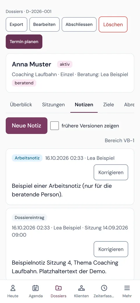 dxCoach auf dem Handy: Notizen im Klientendossier, Platzhaltertext der Demo