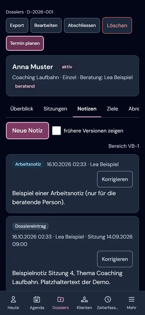 dxCoach auf dem Handy: Notizen im Klientendossier, Platzhaltertext der Demo