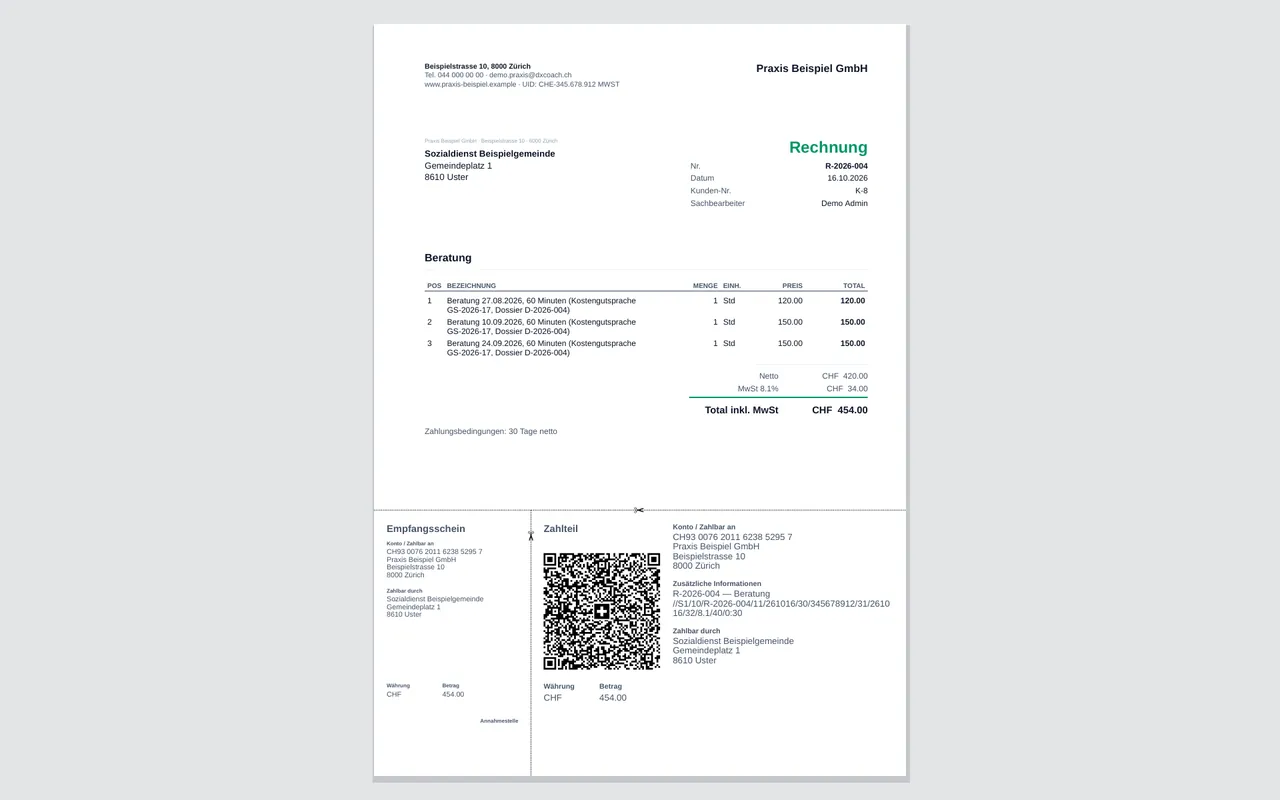 Rechnung aus dxCoach an eine Stelle mit Kostengutsprache: Beratung mit Datum und Dauer, QR-Rechnung