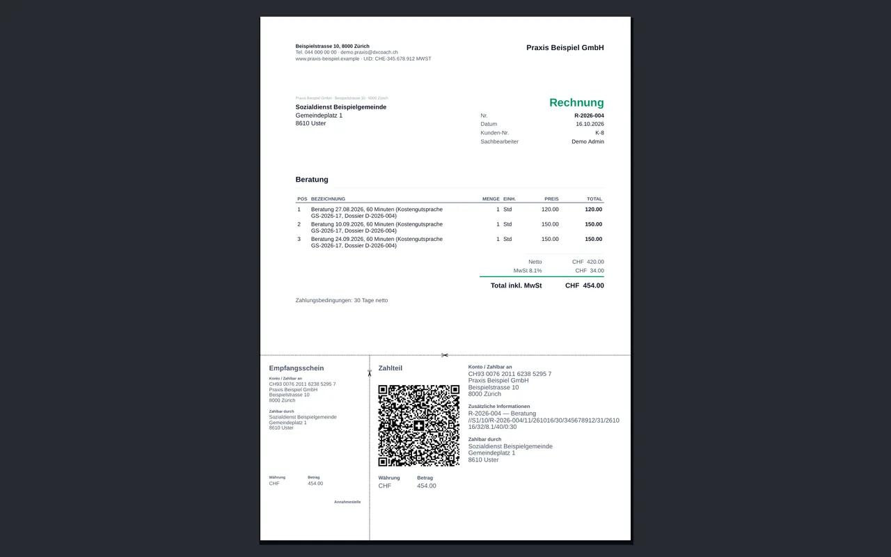 Rechnung aus dxCoach an eine Stelle mit Kostengutsprache: Beratung mit Datum und Dauer, QR-Rechnung