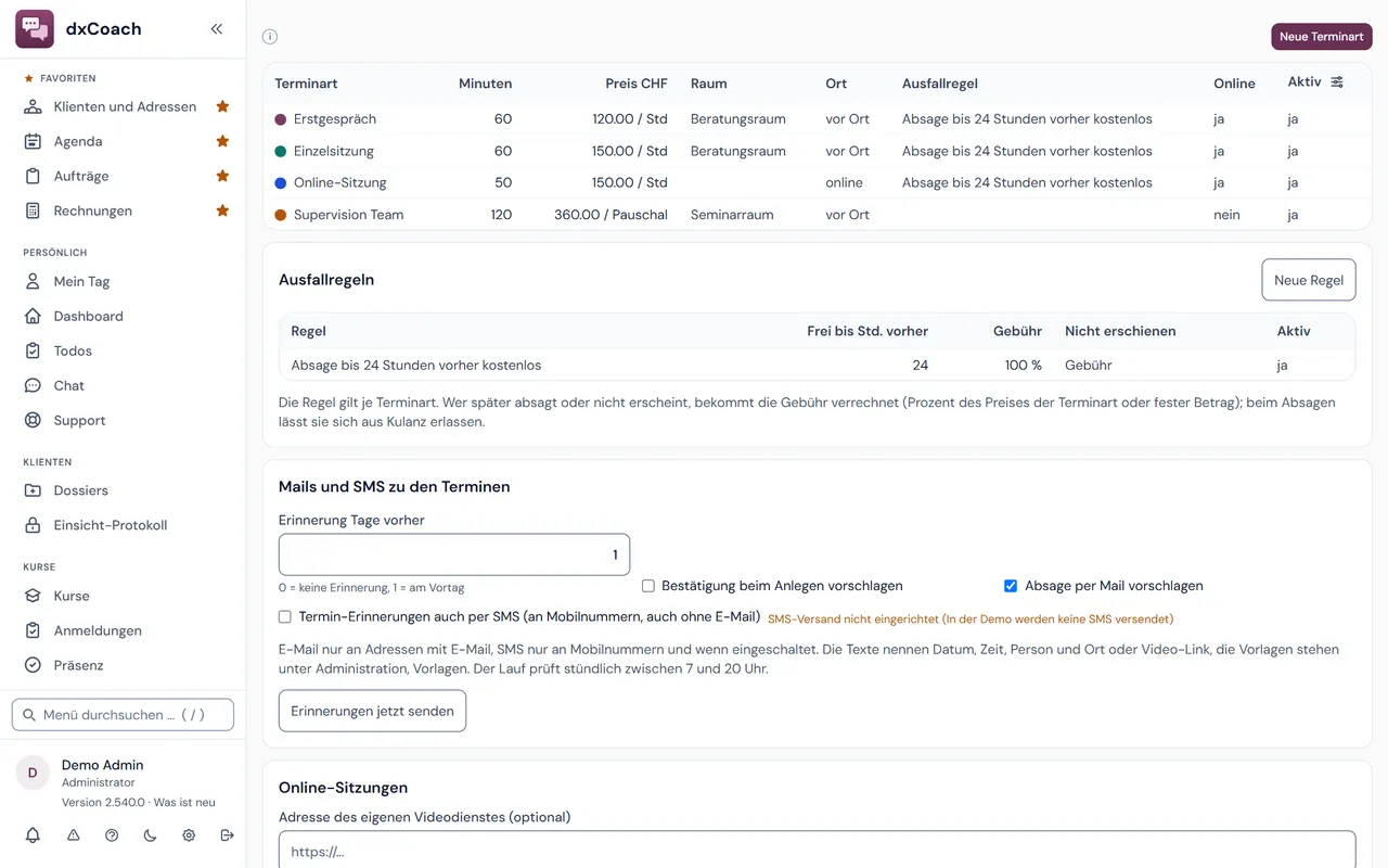 Terminarten in dxCoach: Dauer, Preis, Raum und Ausfallregel, dazu Erinnerung per Mail oder SMS