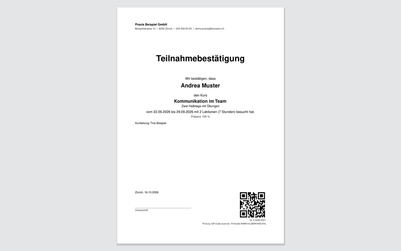 Teilnahmebestätigung aus dxCoach als PDF mit Prüf-QR