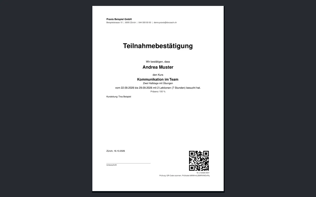 Teilnahmebestätigung aus dxCoach als PDF mit Prüf-QR
